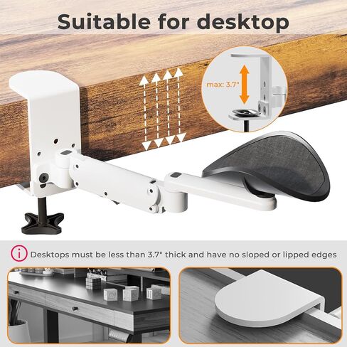 JOY worker Universal Clamp-on Adjustable Armrest, Ergonomic 360° Rotating Elbow Rest Pad for Desk, 6-Level Height Desk Arm Support for Thicker Desktop, Left/Right Hand, White in Kuwait