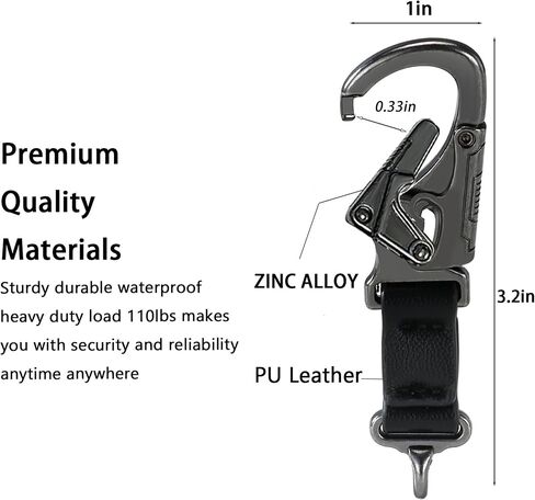 Heavy Duty Dual Lock Keychain Carabiner Clip with PU Leather Strap, 110 lbs Load Capacity, Zinc Alloy, Black, 3.2 x 1 inches in Saudi Arabia