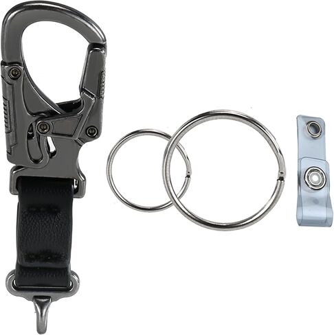 Heavy Duty Dual Lock Keychain Carabiner Clip with PU Leather Strap, 110 lbs Load Capacity, Zinc Alloy, Black, 3.2 x 1 inches in Saudi Arabia