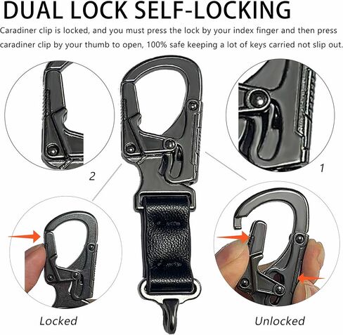 Heavy Duty Dual Lock Keychain Carabiner Clip with PU Leather Strap, 110 lbs Load Capacity, Zinc Alloy, Black, 3.2 x 1 inches in Saudi Arabia