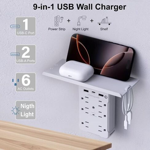 Surge Protector Multi-Plug Outlet, Wall Outlet Extender with Night Light and Shelf, Power Socket Expander, (2A+1C) USB Wall Charger Power Strip Electric Outlet for Home & Office (Black) in Saudi Arabia