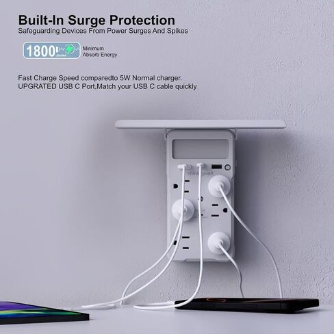 Surge Protector Multi-Plug Outlet, Wall Outlet Extender with Night Light and Shelf, Power Socket Expander, (2A+1C) USB Wall Charger Power Strip Electric Outlet for Home & Office (Black) in Saudi Arabia