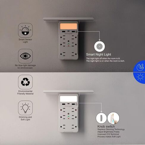 Surge Protector Multi-Plug Outlet, Wall Outlet Extender with Night Light and Shelf, Power Socket Expander, (2A+1C) USB Wall Charger Power Strip Electric Outlet for Home & Office (Black) in Saudi Arabia