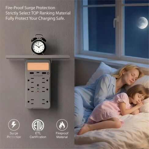 Surge Protector Multi-Plug Outlet, Wall Outlet Extender with Night Light and Shelf, Power Socket Expander, (2A+1C) USB Wall Charger Power Strip Electric Outlet for Home & Office (Black) in Saudi Arabia
