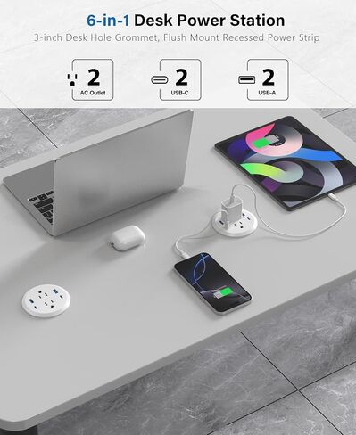 3 inch Desktop Power Grommet with PD 20W USB C,Furniture Recessed Power Strip,2 Outlets,4 USB Ports,40W Total,Flush-Mount for Desktop, Workspace Essential Desk Outlet (Black, 6 FT Cable) in Saudi Arabia