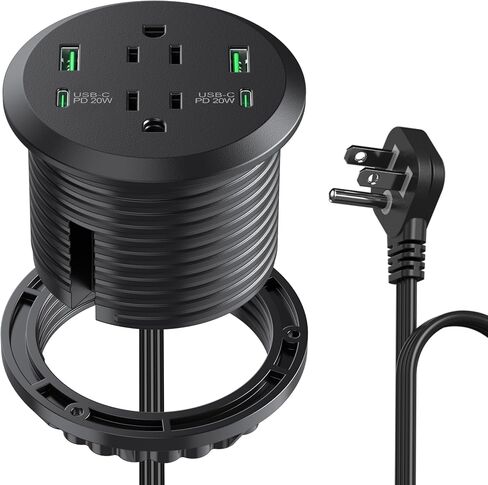 3 inch Desktop Power Grommet with PD 20W USB C,Furniture Recessed Power Strip,2 Outlets,4 USB Ports,40W Total,Flush-Mount for Desktop, Workspace Essential Desk Outlet (Black, 6 FT Cable) in Saudi Arabia