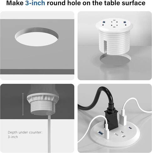 3 inch Desktop Power Grommet with PD 20W USB C,Furniture Recessed Power Strip,2 Outlets,4 USB Ports,40W Total,Flush-Mount for Desktop, Workspace Essential Desk Outlet (Black, 6 FT Cable) in Saudi Arabia