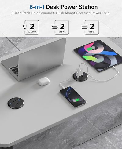 3 inch Desktop Power Grommet with PD 20W USB C,Furniture Recessed Power Strip,2 Outlets,4 USB Ports,40W Total,Flush-Mount for Desktop, Workspace Essential Desk Outlet (Black, 6 FT Cable) in Saudi Arabia