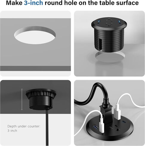 3 inch Desktop Power Grommet with PD 20W USB C,Furniture Recessed Power Strip,2 Outlets,4 USB Ports,40W Total,Flush-Mount for Desktop, Workspace Essential Desk Outlet (Black, 6 FT Cable) in Saudi Arabia
