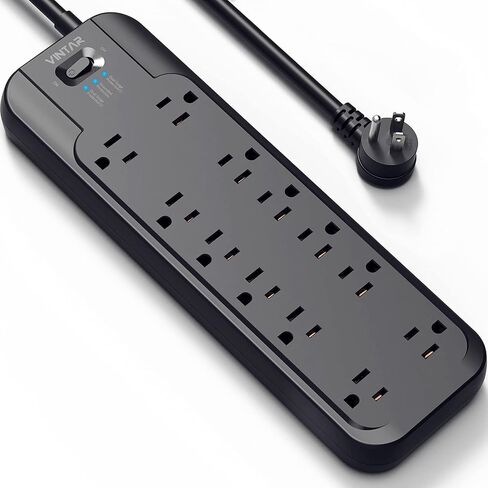 VINTAR Power Strip Surge Protector (2 × 4800 Joules) with 12 AC Outlets,1875W Output, 6ft Long Extension Cord Flat Plug with Dual Surge Protection for Office, Home, ETL Listed, Black in Kuwait