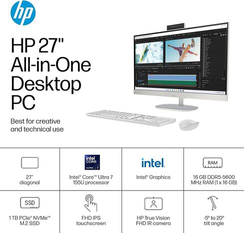 HP 27" Touchscreen All-in-One Desktop Computer, 27 inch FHD Anti-Glare Display, Intel 12-Core Ultra 7-155U, Windows 11 Pro PC for Business and Daily, Adjustable Height, Wi-Fi 6, 64 GB DDR5 | 1 TB SSD in Saudi Arabia