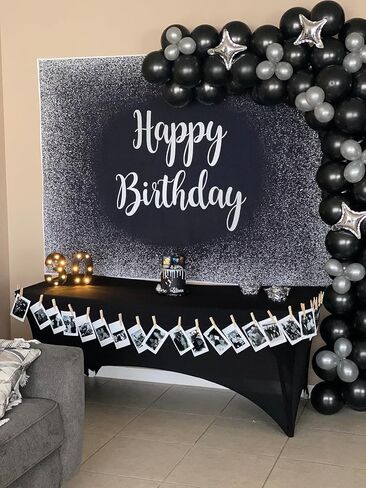 Black and Silver Happy Birthday Backdrop Father's Day Grey Glitter Birthday Photography Background Men Women Adult Birthday Decoration Supplies 8x6FT in Kuwait