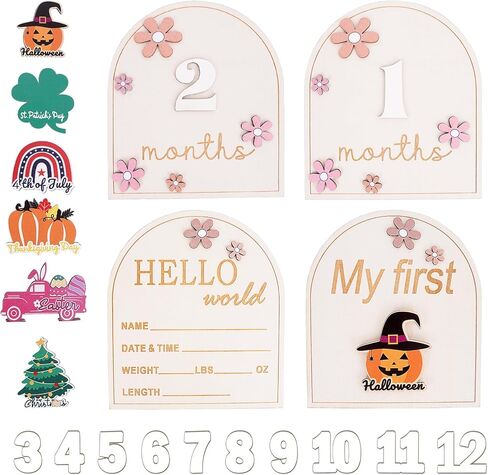 2 PCS Baby Monthly Milestone Sign ، لمدة شهر واحد إعلان إعلان علامات معلميات خشبية ، اسم الطفل ، اسم عطلتي الأولى لعلامات عطلتي للطفلة الدعائم الفوتوغرافية in Kuwait