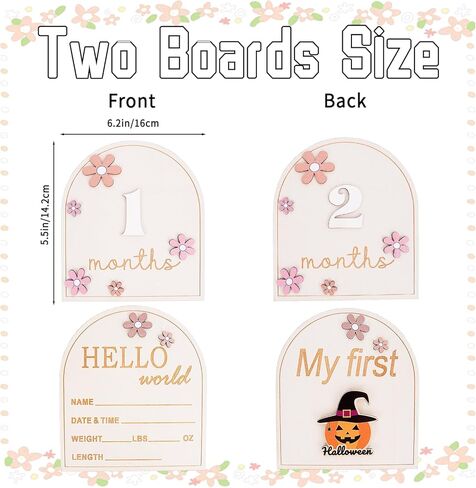 2 PCS Baby Monthly Milestone Sign ، لمدة شهر واحد إعلان إعلان علامات معلميات خشبية ، اسم الطفل ، اسم عطلتي الأولى لعلامات عطلتي للطفلة الدعائم الفوتوغرافية in Kuwait