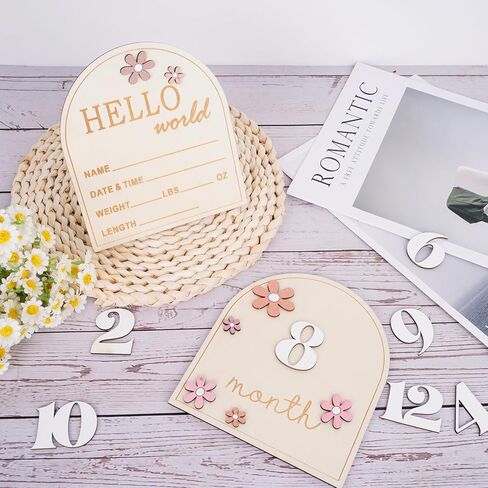 2 PCS Baby Monthly Milestone Sign ، لمدة شهر واحد إعلان إعلان علامات معلميات خشبية ، اسم الطفل ، اسم عطلتي الأولى لعلامات عطلتي للطفلة الدعائم الفوتوغرافية in Kuwait