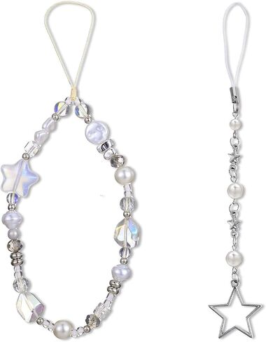 2 PCS Phone Charms Strap Crystal Star Beaded Phone Wrist Strap Camera Bracelet Lanyard for Women Cute Aesthetic Cellphone Keychain Charm for Camera,Bags(White) in Saudi Arabia