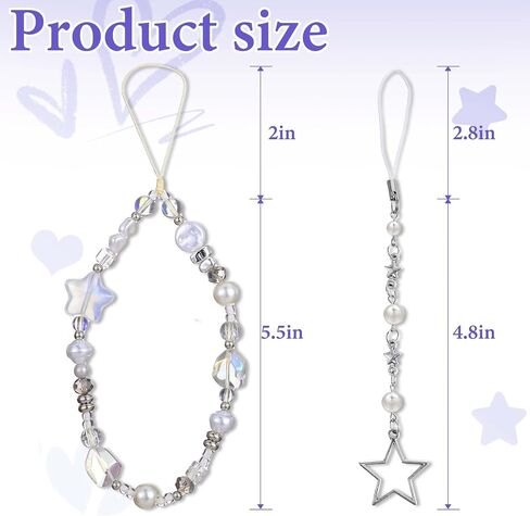 2 PCS Phone Charms Strap Crystal Star Beaded Phone Wrist Strap Camera Bracelet Lanyard for Women Cute Aesthetic Cellphone Keychain Charm for Camera,Bags(White) in Saudi Arabia