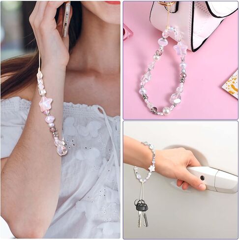 2 PCS Phone Charms Strap Crystal Star Beaded Phone Wrist Strap Camera Bracelet Lanyard for Women Cute Aesthetic Cellphone Keychain Charm for Camera,Bags(White) in Saudi Arabia