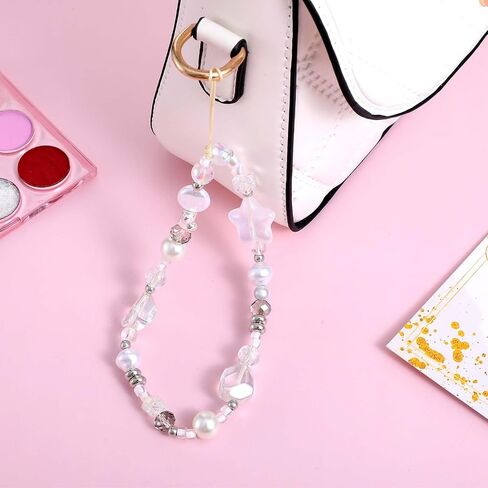 2 PCS Phone Charms Strap Crystal Star Beaded Phone Wrist Strap Camera Bracelet Lanyard for Women Cute Aesthetic Cellphone Keychain Charm for Camera,Bags(White) in Saudi Arabia
