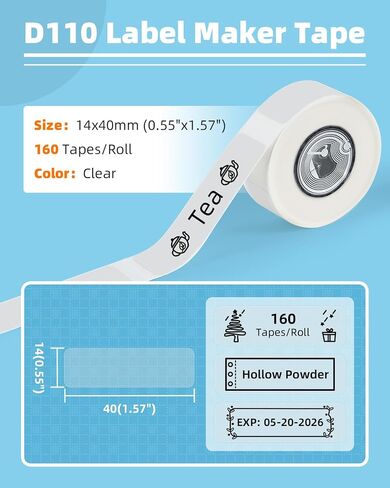 3 Rolls D110 Label Maker Tape, Compatible with NIIMBOT D11/D110/D101 Prints, Adapted Label Print Paper, 14x40mm (0.55"x1.57"), 160 Tapes/Roll, Clear,Standard Laminated Labeling Tape in Saudi Arabia