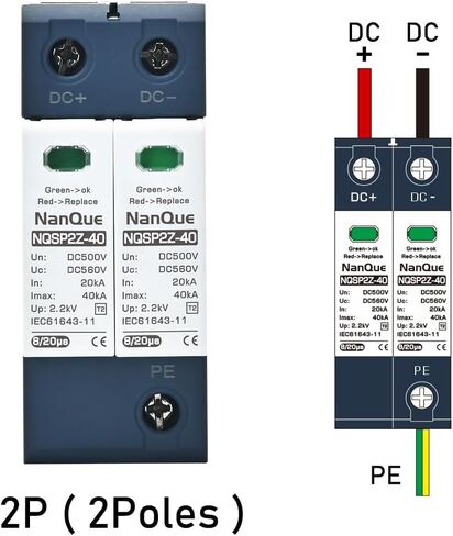 DC SPD Surge Protector for 100V-1000V PV Systems, 2-Pole 40kA T2 Level, Replaceable Module, Solar Panel Lightning Protection, Overvoltage Protection (250V) in Saudi Arabia