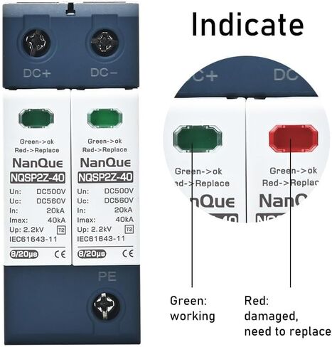 DC SPD Surge Protector for 100V-1000V PV Systems, 2-Pole 40kA T2 Level, Replaceable Module, Solar Panel Lightning Protection, Overvoltage Protection (250V) in Saudi Arabia