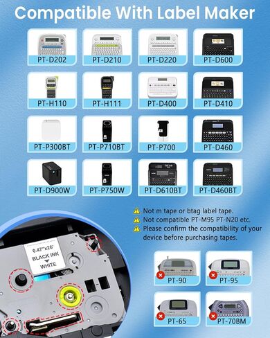 6Pack TZe-231 Tape Label Maker Compatible with Brother P-Touch Label Tze Tape, TZE231 ½"(0.47") x 26.2 ft. Laminated Black on White, for use with PT-D210, PT-H110, PT-D220, PT-D400, PT-D600 in Saudi Arabia