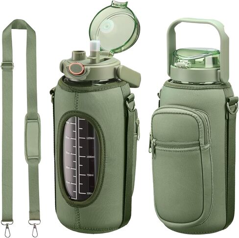 Half Gallon 64oz Glass Water Bottle with Straw and Storage Sleeve Motivational Water Bottle with Strap and Time to Drink 2L Leakproof Reusable Water Jug for Fitness Gym and Outdoors in Saudi Arabia