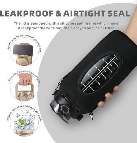 Half Gallon 64oz Glass Water Bottle with Straw and Storage Sleeve Motivational Water Bottle with Strap and Time to Drink 2L Leakproof Reusable Water Jug for Fitness Gym and Outdoors in Saudi Arabia