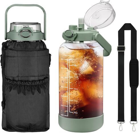 Half Gallon 64oz Glass Water Bottle with Straw and Storage Sleeve Motivational Water Bottle with Strap and Time to Drink 2L Leakproof Reusable Water Jug for Fitness Gym and Outdoors in Saudi Arabia
