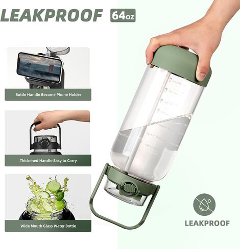 Half Gallon 64oz Glass Water Bottle with Straw and Storage Sleeve Motivational Water Bottle with Strap and Time to Drink 2L Leakproof Reusable Water Jug for Fitness Gym and Outdoors in Saudi Arabia