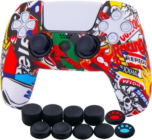 YoRHa Water Transfer Printing Silicone Thickened Cover Skin Case for PS5 Controller x 1(Skull Graffiti II) with Thumb Grips x 10 in Saudi Arabia