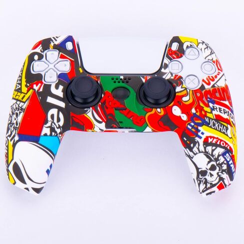 YoRHa Water Transfer Printing Silicone Thickened Cover Skin Case for PS5 Controller x 1(Skull Graffiti II) with Thumb Grips x 10 in Saudi Arabia