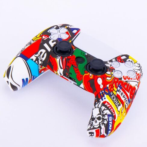 YoRHa Water Transfer Printing Silicone Thickened Cover Skin Case for PS5 Controller x 1(Skull Graffiti II) with Thumb Grips x 10 in Saudi Arabia