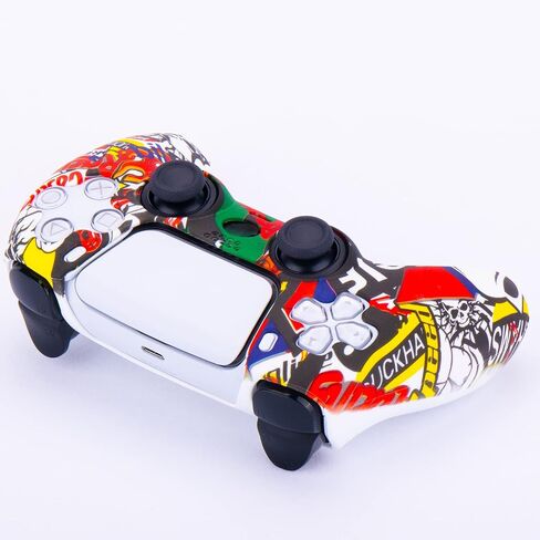 YoRHa Water Transfer Printing Silicone Thickened Cover Skin Case for PS5 Controller x 1(Skull Graffiti II) with Thumb Grips x 10 in Saudi Arabia