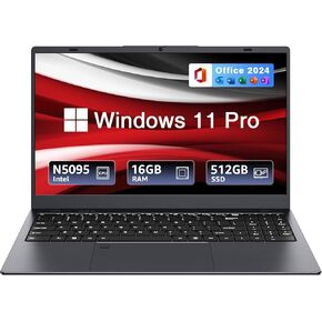 15.6" Windows 11 Laptop - Intel N5095 Quad-Core, 16GB RAM 512GB SSD, FHD IPS Display, Dual-Band WiFi 2.4/5GHz, Bluetooth 4.2, Backlit Keyboard & Fingerprint, Office 2024 Plus Pre-Installed in Kuwait