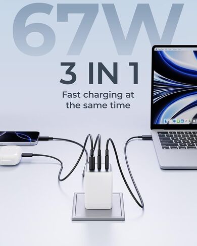 67W USB C Charger, 3-Port GaN Fast Charging Block with Foldable Plug, Compatible with MacBook Pro/Air, iPad Pro, iPhone 16/15/Pro, Galaxy S25/S24, Note20, Pixel, Apple Watch, (White) in Saudi Arabia