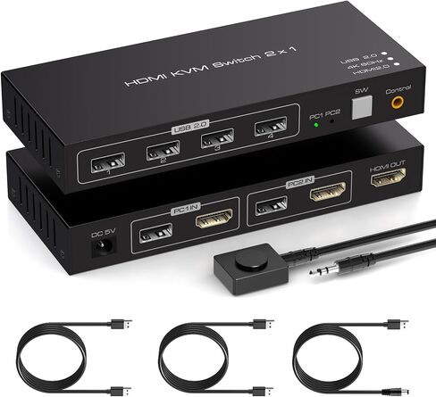 KVM Switch 1 Switors 2 Computers HDMI KVM Switchs 4K60Hz لجهاز كمبيوتر يشاركان طابعة مراقبة واحدة في مراقبة الفأر والوحة المفاتيح مع كبلتين USB ووحدة التحكم السلكية SW201ABC in Saudi Arabia
