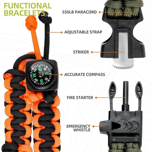 Paracord Bracelets, Adjustable Survival Bracelet, Fire Starter, Reliable Compass, Whistle, 550 Type III Paracord Tactical Gear, Perfect for Hiking, Camping, 2 pack in Saudi Arabia