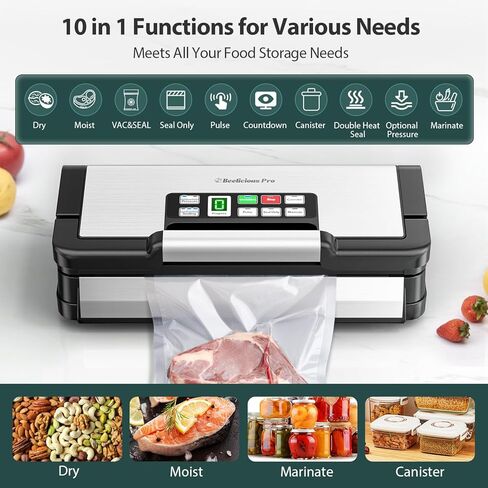 90Kpa Powerful Vacuum Sealer, with 10-in-1 Functions,Double Seal & Double Pump,Built-in Cutter&Hose,Handle-Ease Design, Vacuum Sealer Machine for Food with Bags Storage, Stainless Steel in Kuwait