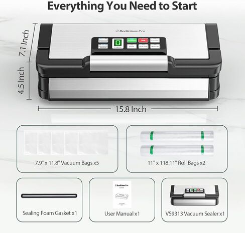 90Kpa Powerful Vacuum Sealer, with 10-in-1 Functions,Double Seal & Double Pump,Built-in Cutter&Hose,Handle-Ease Design, Vacuum Sealer Machine for Food with Bags Storage, Stainless Steel in Kuwait