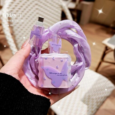 Cute Charging Cord Protector for iPhone Charger Cover,Pretty Purple Butterfly Pattern Design,DIY Soft Cable Protector Data Cable Saver for Women for iPhone iPad 18W/20W Charger Cover in Saudi Arabia