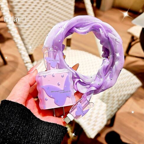 Cute Charging Cord Protector for iPhone Charger Cover,Pretty Purple Butterfly Pattern Design,DIY Soft Cable Protector Data Cable Saver for Women for iPhone iPad 18W/20W Charger Cover in Saudi Arabia