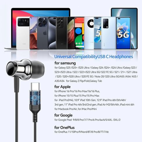 USB C Headphone for Samsung S25 S24 S23 Ultra FE S22 A55 A54 Wired Earbuds Magnetic in-Ear Type C Earphone with Mic Volume Control Stereo Noise Canceling Earbuds for iPhone 17 16 15 Pro Max Pixel 9 8a in Saudi Arabia