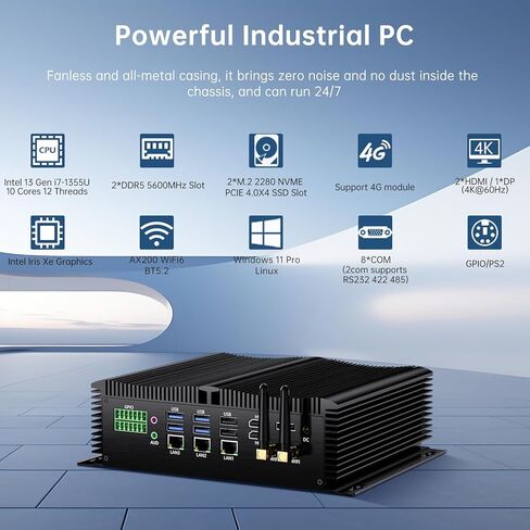Industrial Mini PC, Fanless Desktop Computer Core i7-1355U 10 Cores, Win-11 Pro, 32G DDR5 RAM, 1T NVME SSD, DP/2*HDMI 4K@60Hz, 3x2.5G LAN Ports, 8xCOM RS232, 4G Module, WiFi6/BT5.2 in Kuwait