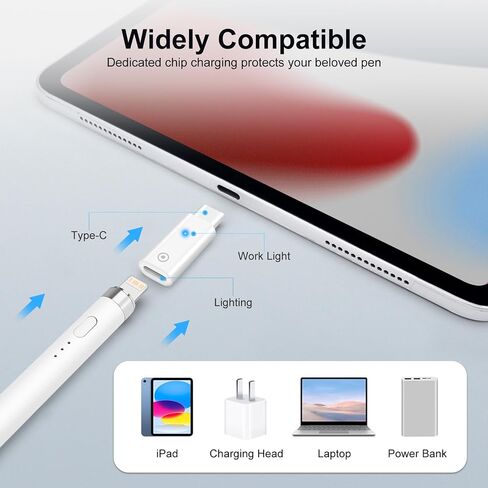 USB-C إلى محول شاحن القلم الرصاص لـ Apple Pencil 1st Generation Pencil Tip بديل ، نوع محول شحن القلم الرصاص مع الضوء المتوافق مع iPad 10 (الشحن فقط ، بدون Bluetooth) in Kuwait