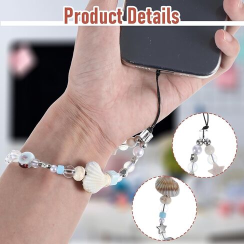 2 Pcs Beaded Wrist Straps, Phone Charm Wrist Strap Starfish Shells Camera Charm Handmade Craft Lanyard Charms Multicolor Shell Accessories for Phone Bag Keychain Wallet in Saudi Arabia