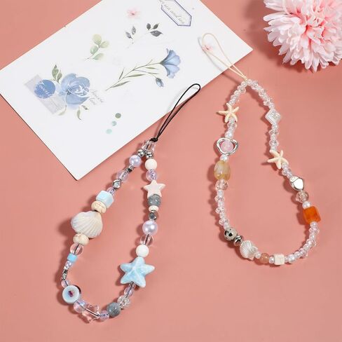 2 Pcs Beaded Wrist Straps, Phone Charm Wrist Strap Starfish Shells Camera Charm Handmade Craft Lanyard Charms Multicolor Shell Accessories for Phone Bag Keychain Wallet in Saudi Arabia