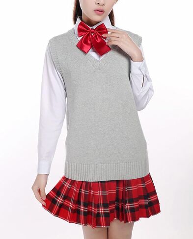 Men Women Knitted Cotton V-Neck Vest JK Uniform Pullover Sleeveless Sweater School Cardigan Light Gray in Kuwait