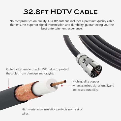 هوائي RV TV - هوائي HD الرقمي المتضخم للعربة ، مقطورة ، شاحنة ، قافلة ، قارب - 32.8 قدم كابل HDTV Coxial (أسود) in Saudi Arabia